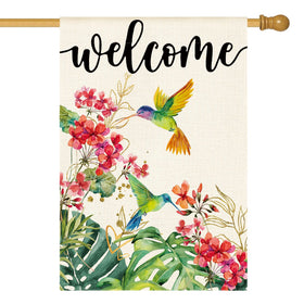 AVOIN colorlife hummingbird floral welcome flag front view boosts curb appeal.