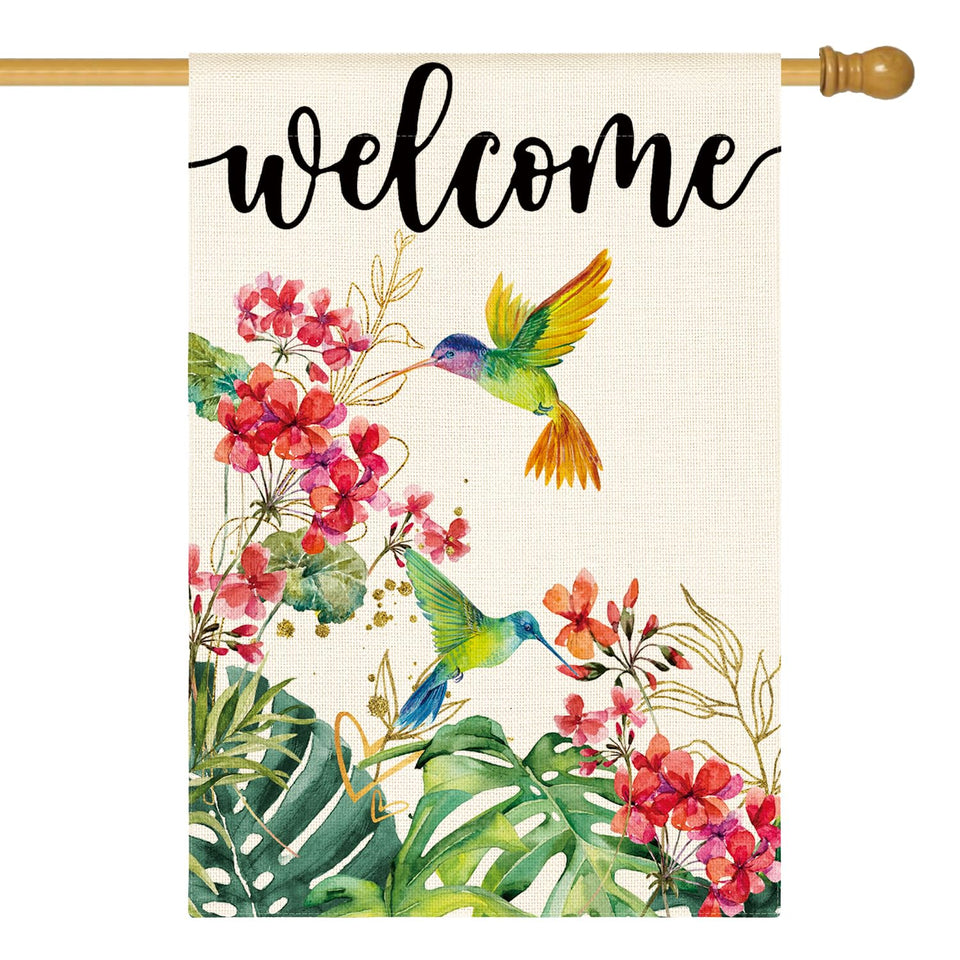 AVOIN colorlife hummingbird floral welcome flag front view boosts curb appeal.