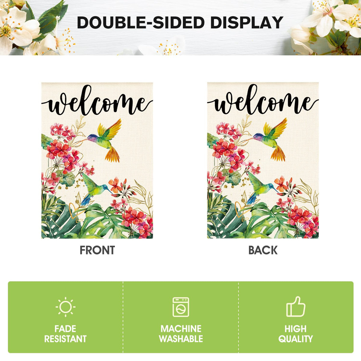 AVOIN colorlife hummingbird floral welcome flag burlap-look texture closeup for rustic charm.