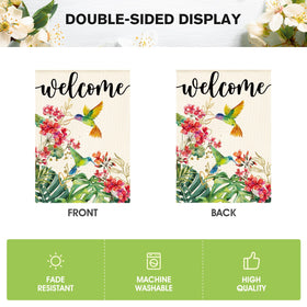AVOIN colorlife hummingbird floral welcome flag burlap-look texture closeup for rustic charm.