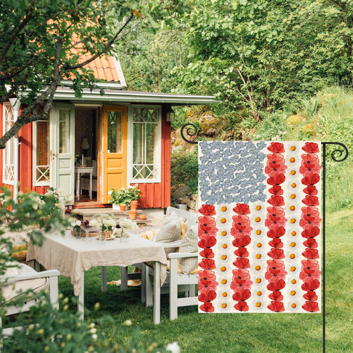 AVOIN colorlife Myosotis Poppy Memorial Day flag rear view with double-sided readability