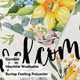 AVOIN colorlife 28x40 flag displayed outdoors on a porch or garden wall.