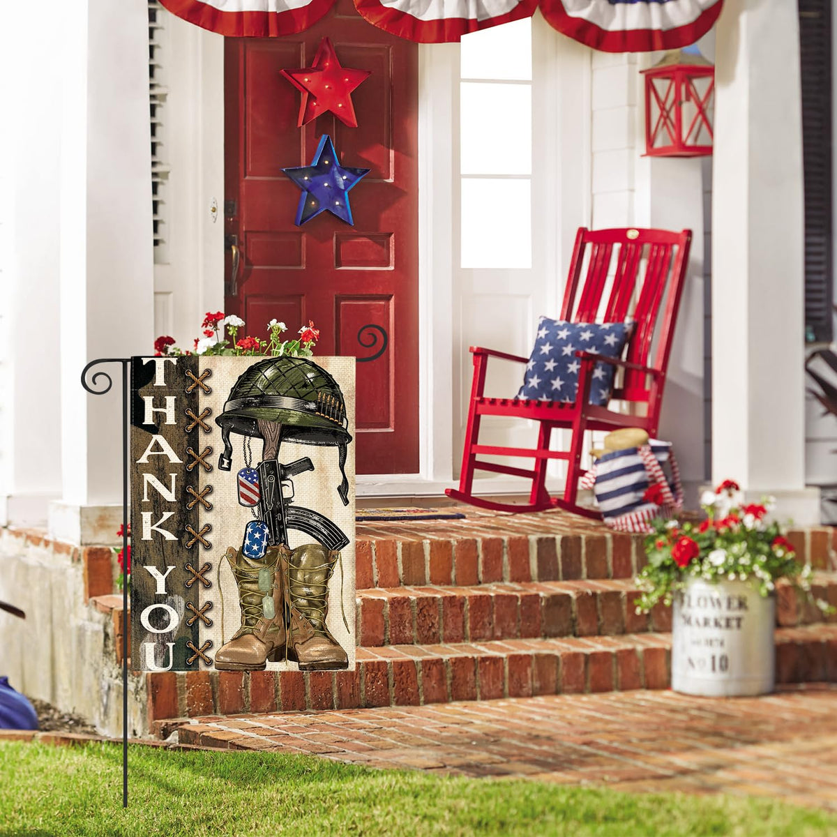 AVOIN colorlife patriotic garden flag on porch boosts seasonal curb appeal.
