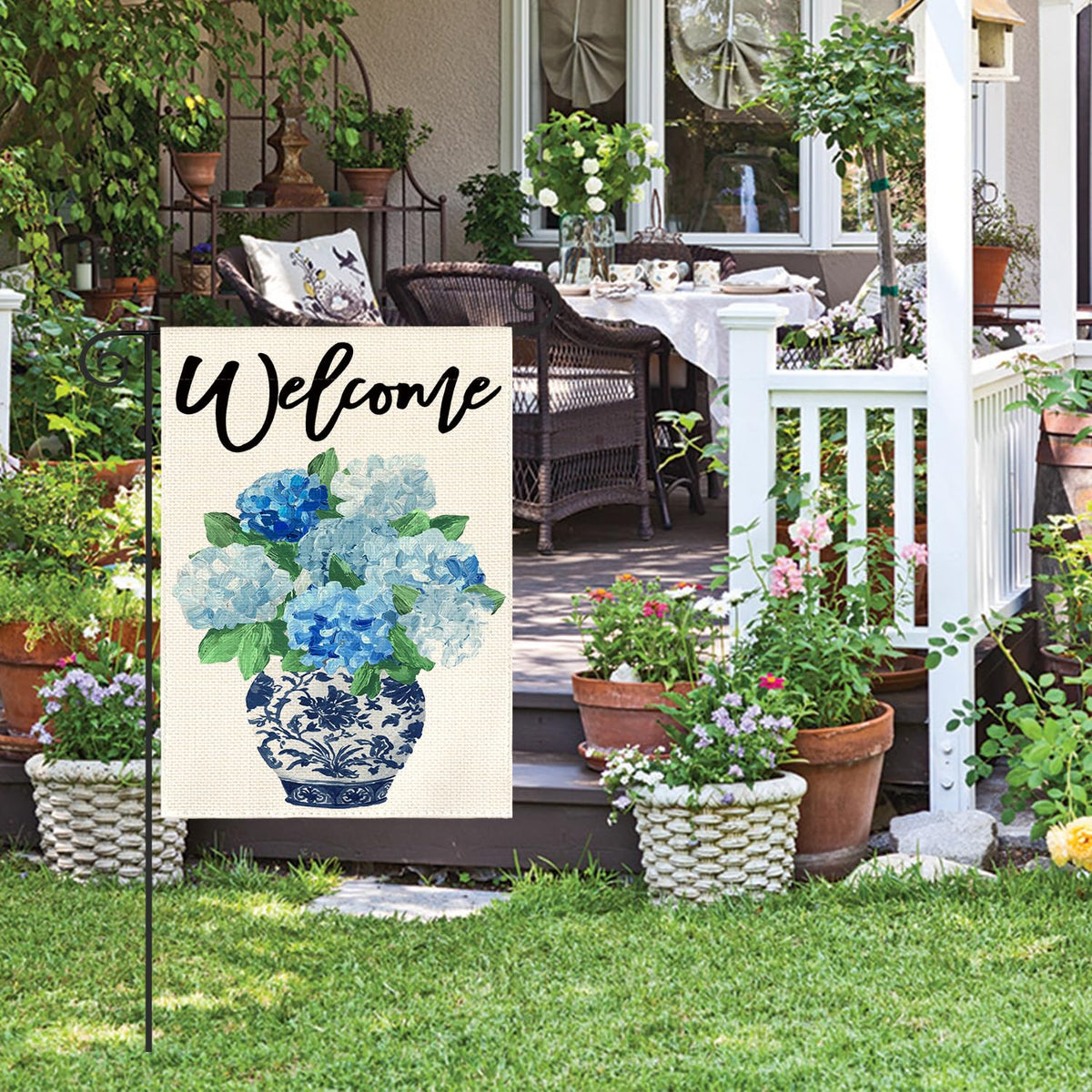 AVOIN colorlife hydrangea flag detailed weave, weather resistant outdoor use.