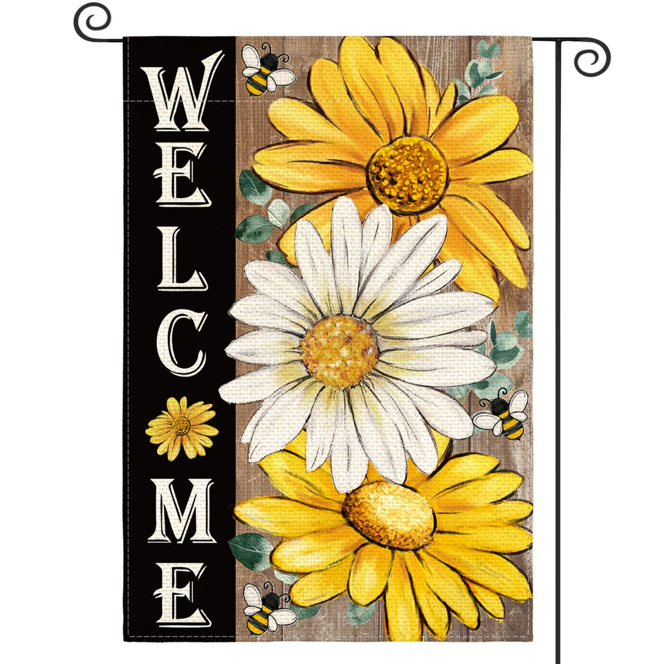AVOIN colorlife flag with daisy graphic welcomes guests outdoors