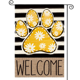 AVOIN colorlife yellow paw print flag, welcoming garden scene with paw motif and bright color.