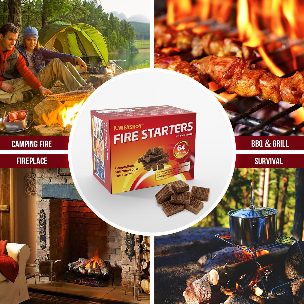 AWEASROY all-purpose fire starter squares ideal for grill, fireplace, and campfires.