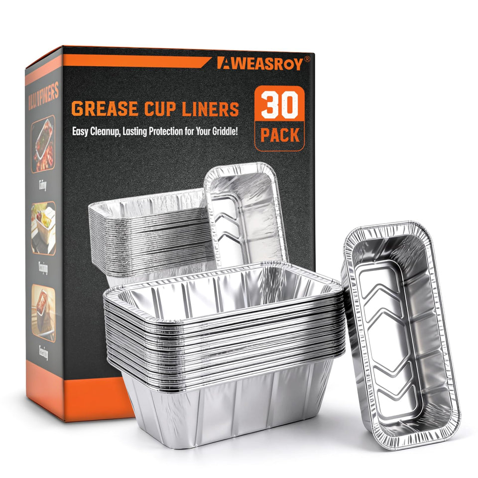 AWEASROY grease cup liners on Blackstone griddle, compatible 17–36 inch, simple cleanup and containment.