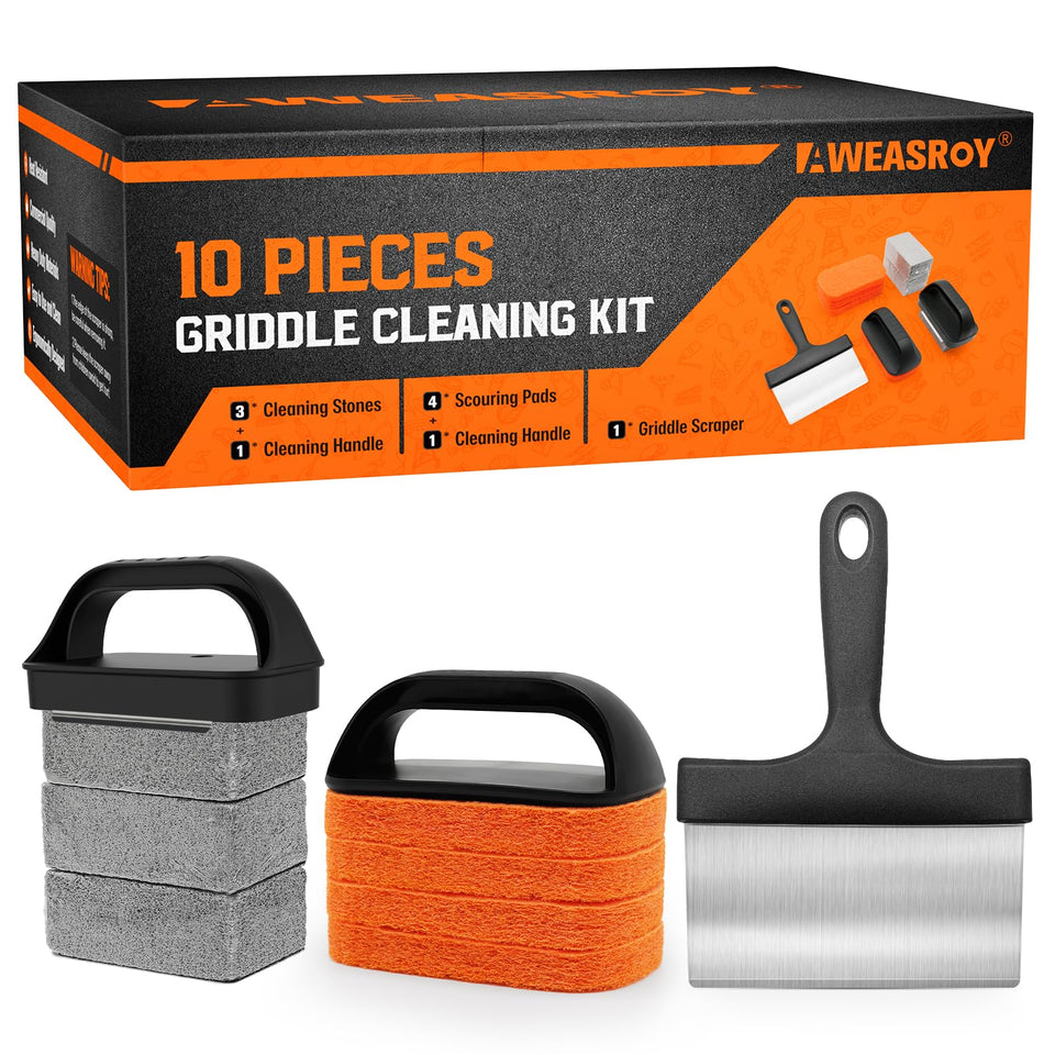 AWEASROY griddle cleaning kit with pumice stone removes residue without scratching.