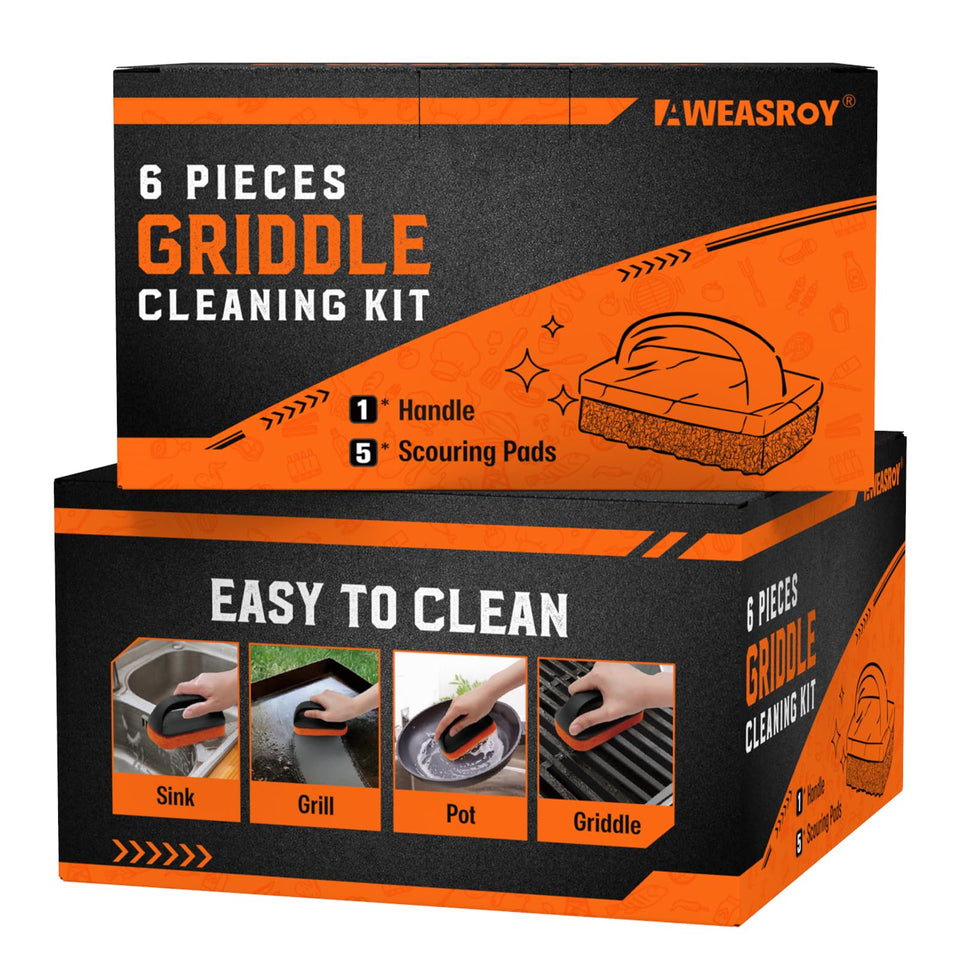 AWEASROY griddle cleaning kit packaging showing organized contents for easy storage.