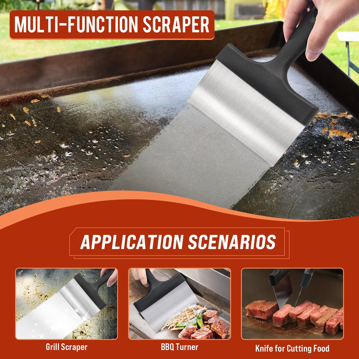 AWEASROY griddle cleaning kit scraper clears burnt bits from grill surfaces.