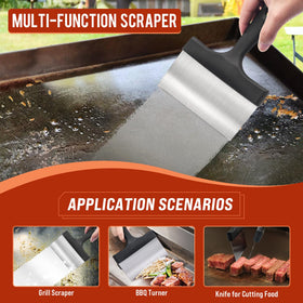 AWEASROY griddle cleaning kit scraper clears burnt bits from grill surfaces.