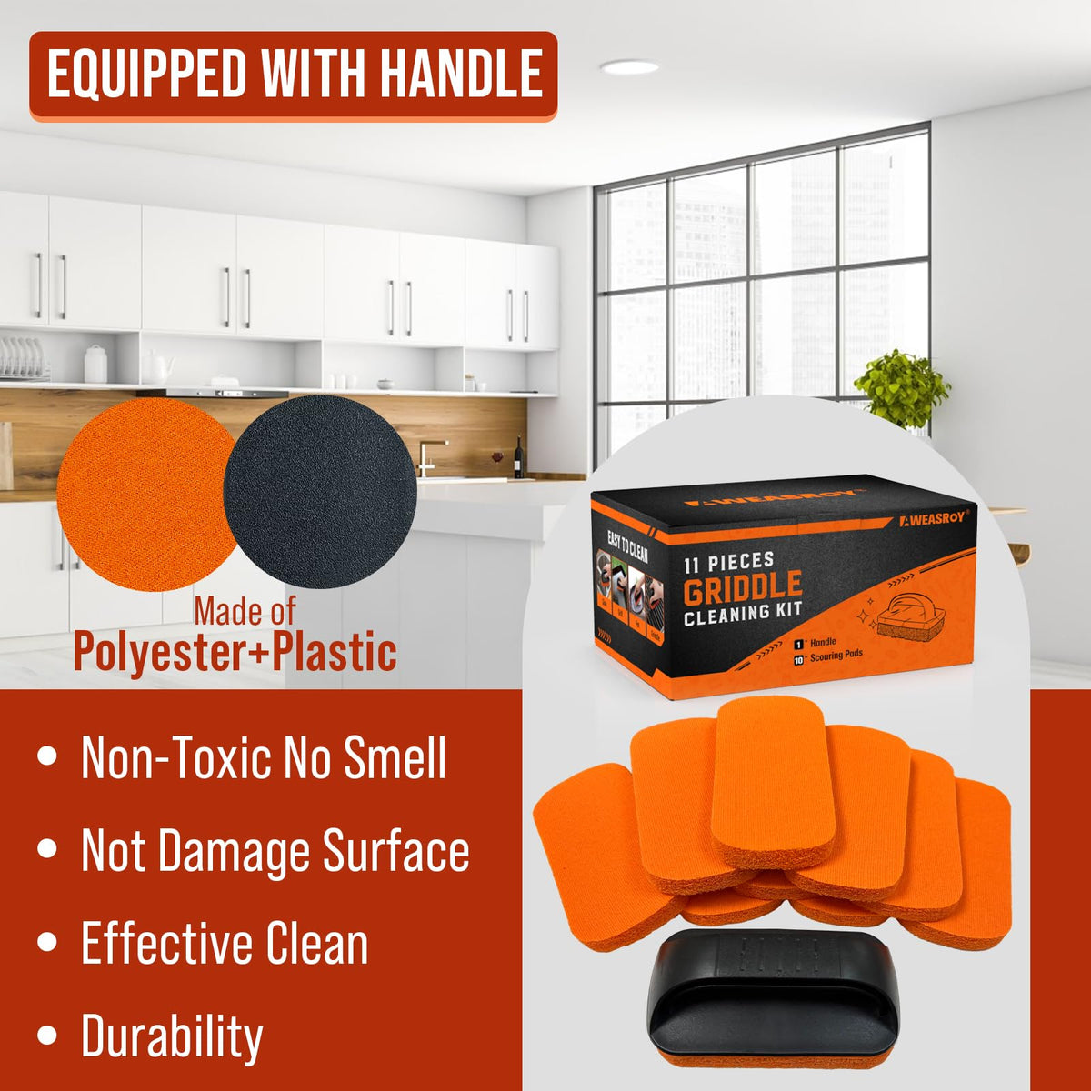 AWEASROY five scrubbing pads ready to tackle greasy griddle surfaces.