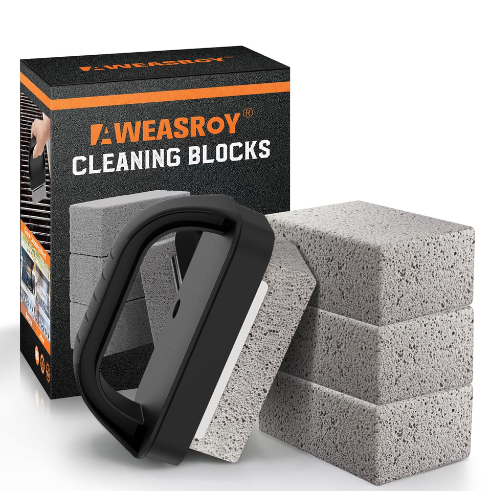 AWEASROY grill cleaner bricks with handle for safe, effortless BBQ grate cleaning.