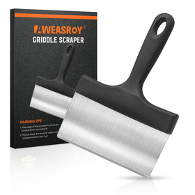 AWEASROY heavy-duty stainless steel griddle scraper with a 5-inch handle for tough cleaning.