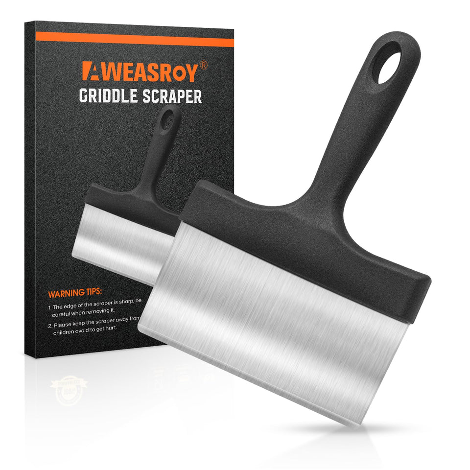 AWEASROY heavy-duty stainless steel griddle scraper with a 5-inch handle for tough cleaning.