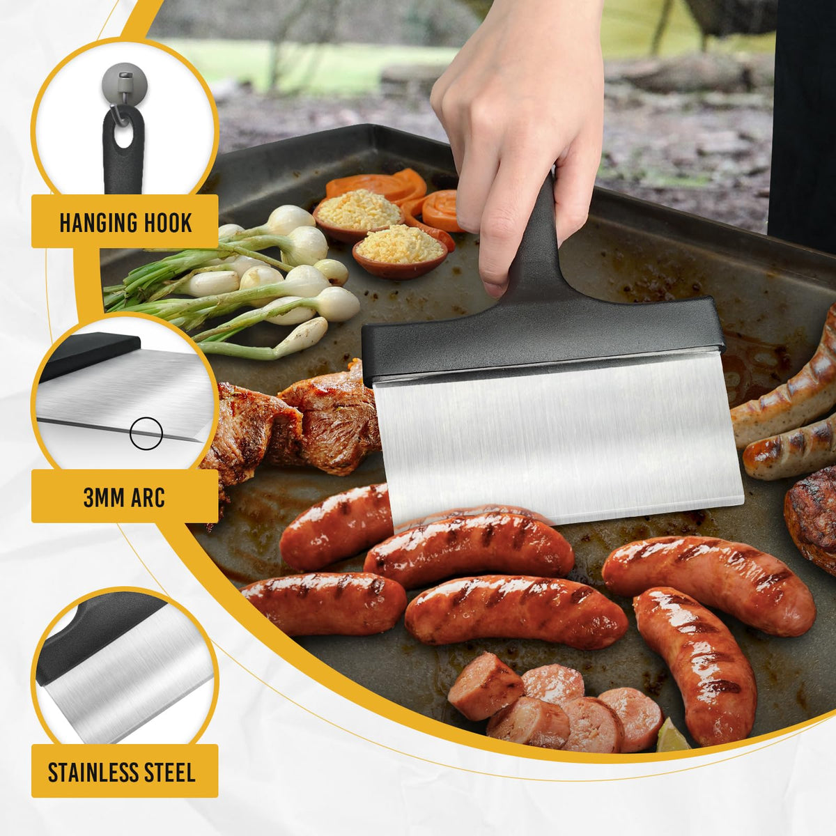 AWEASROY multipurpose scraper for scraping, chopping, and quick cleanup during outdoor cooking.