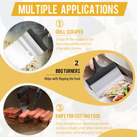 AWEASROY stainless scraper with beveled edge for easy residue removal from flat tops.