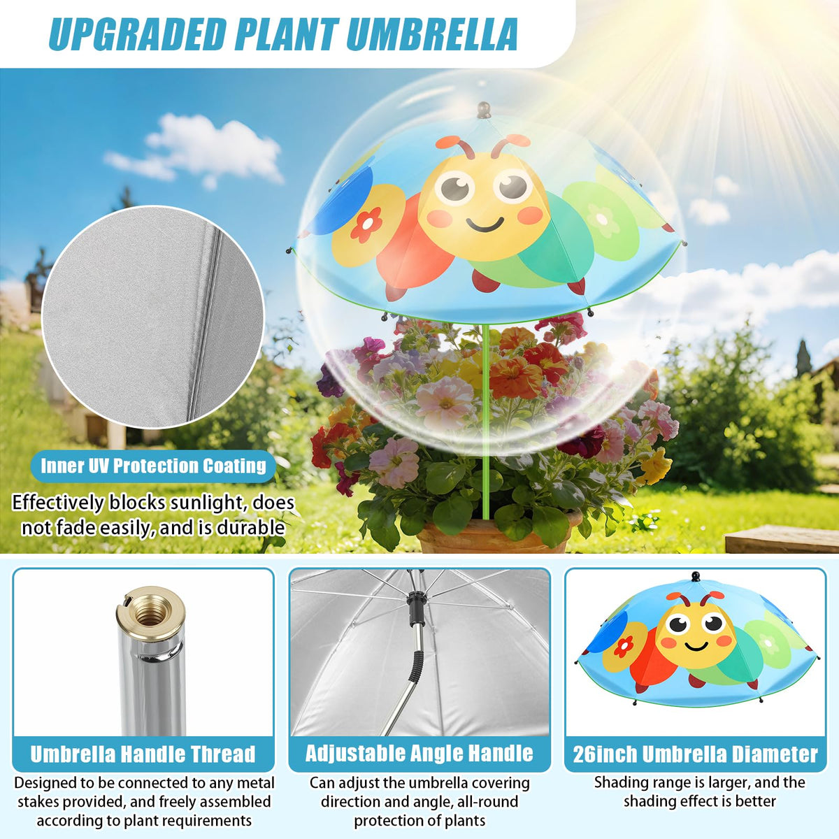 Axcoix aluminum-frame plant umbrella offers durable support for outdoor shade.