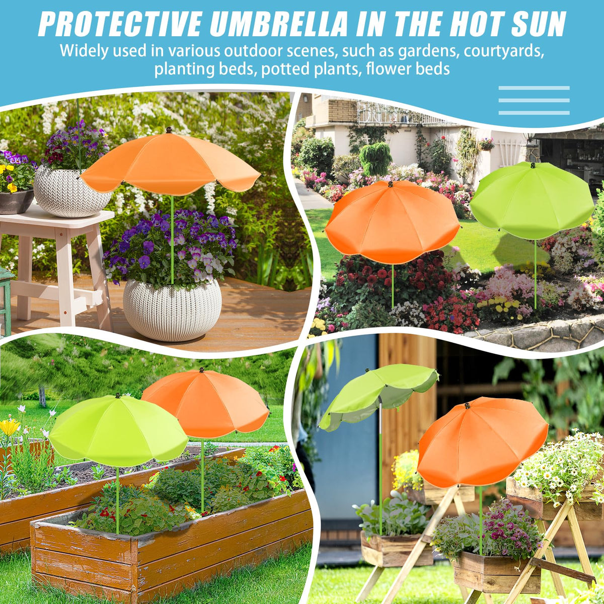 Axcoix garden-ready umbrella adds color while protecting vegetables and flowers.