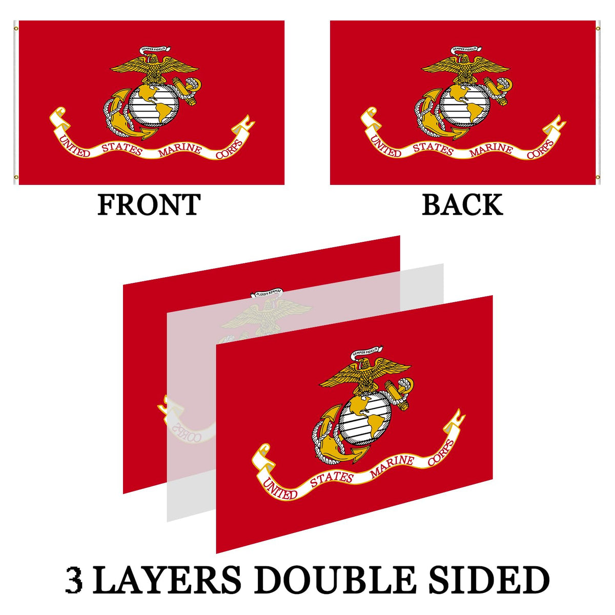 AXJBW USMC flag with strong Oxford header and two grommets for sturdy mounting