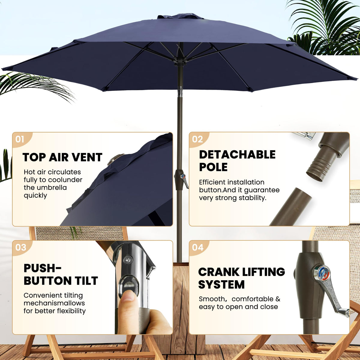 Ayge 7.5ft patio umbrella tilt function enables directional shade.