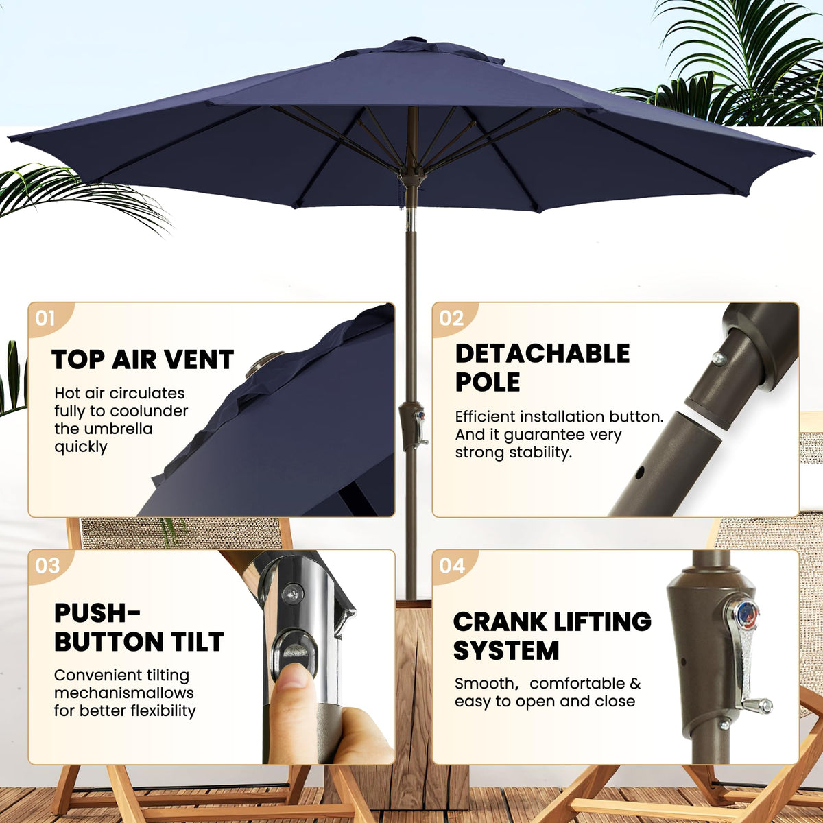 Ayge tilt and crank mechanism enables easy shade adjustment throughout the day.