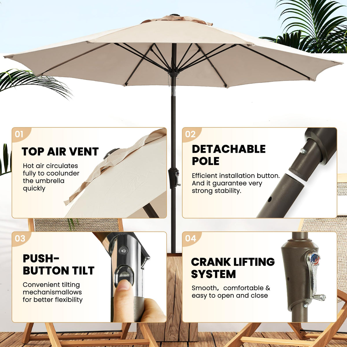 Ayge 9FT umbrella with fiberglass ribs for added wind resistance.