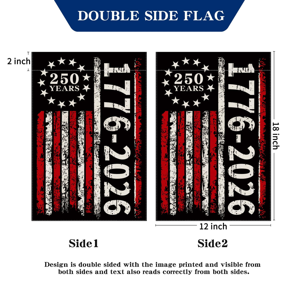 Aymolas 250th anniversary flag garden-decor suitable for porch, yard, or balcony.