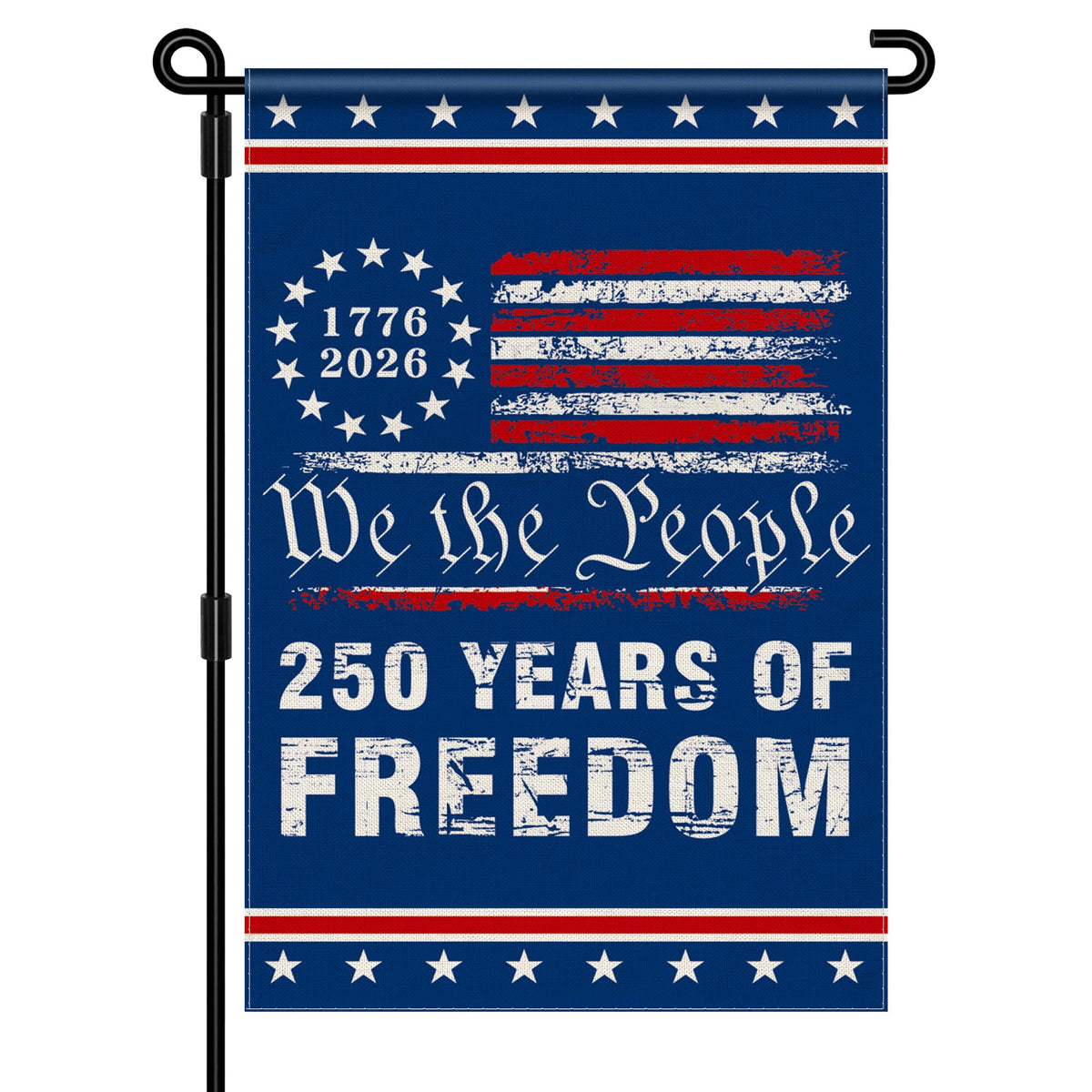 Aymolas 250th Anniversary garden flag front view with bold two-sided print for outdoor display.