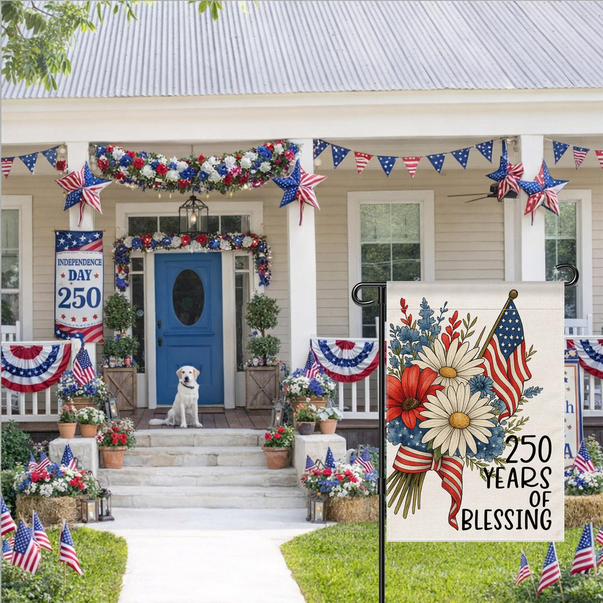 Aymolas Blessing flag brightens a porch during gatherings