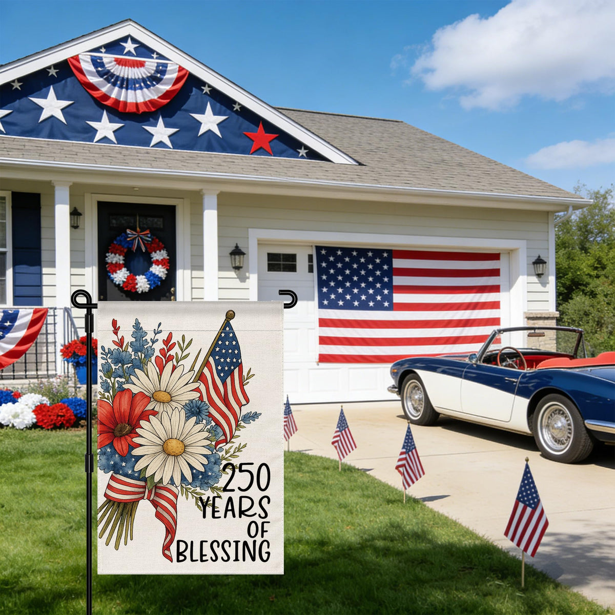 Aymolas Blessing flag used as a festive outdoor banner