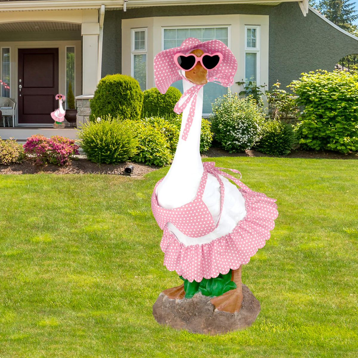 Aymolas Hawaiian goose outfit in pink bikini adds playful summer yard decor.