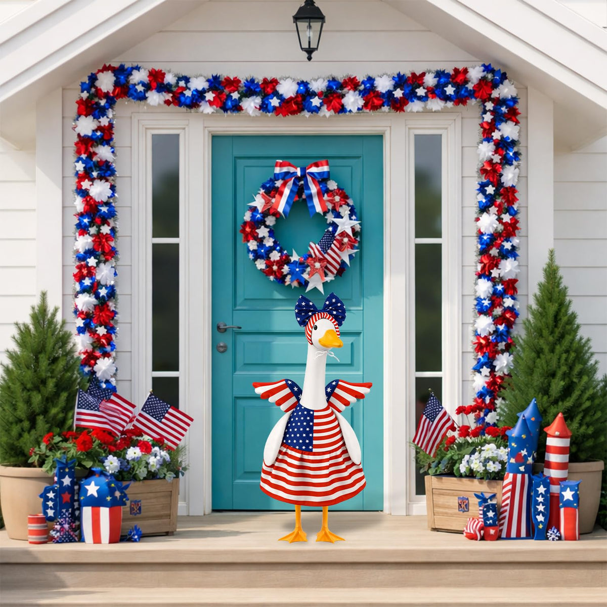 Aymolas headband completes patriotic styling for outdoor decor.