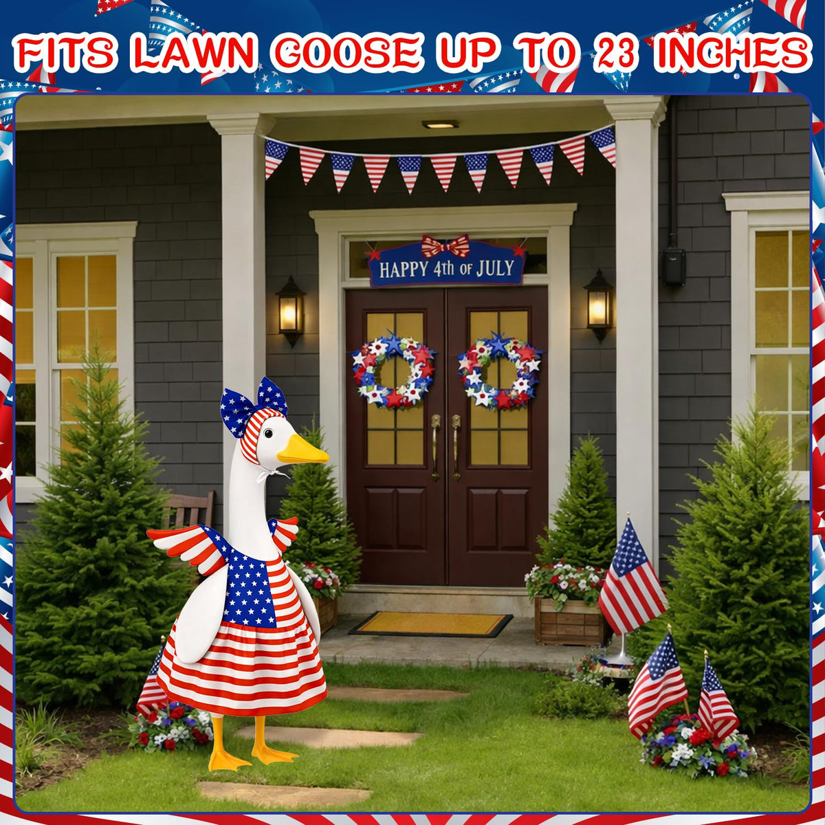 Aymolas patriotic goose outfit on a lawn display boosts curb appeal.