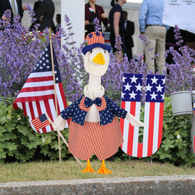 Aymolas multicolor goose outfit showcases bold red, white, blue styling