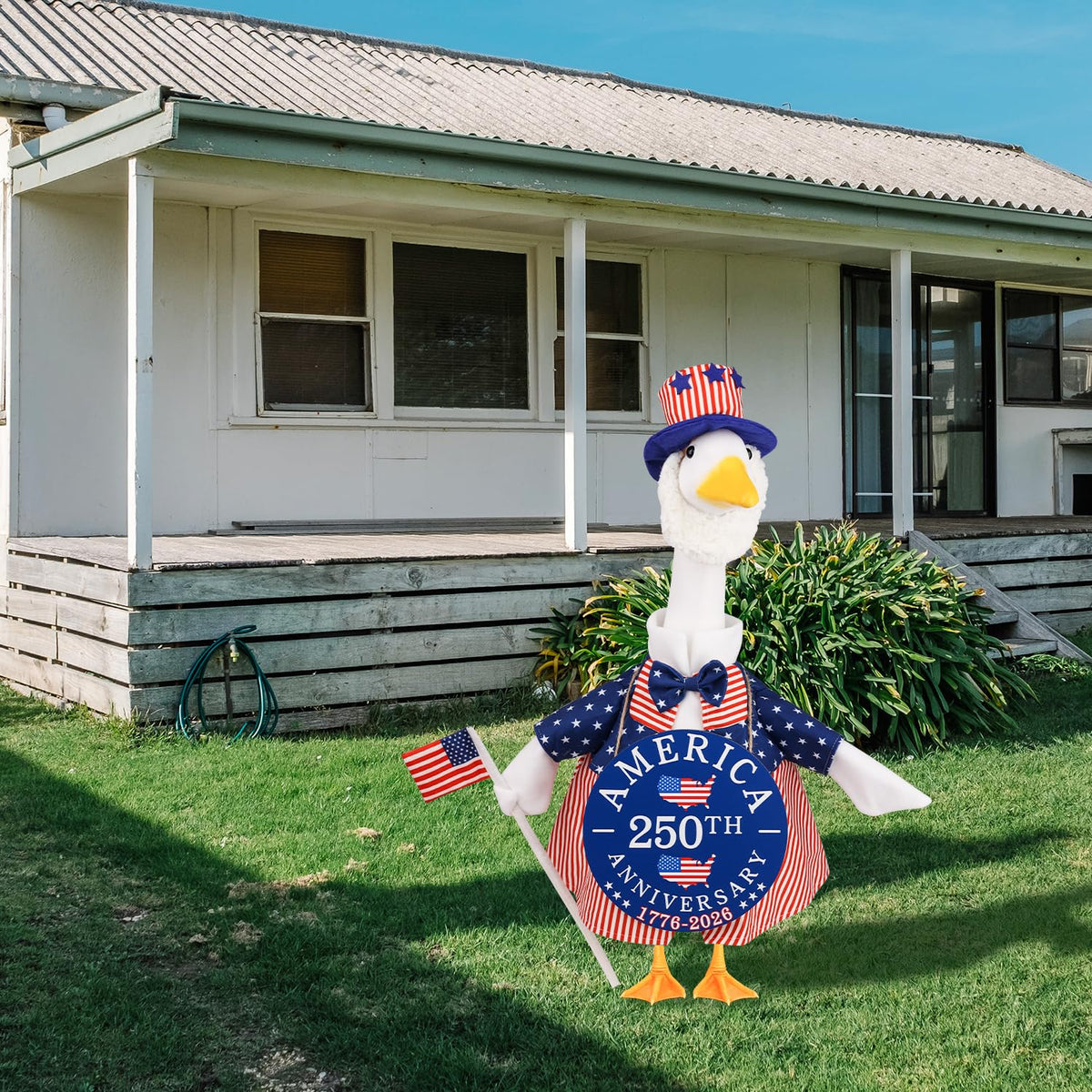 Aymolas patriotic hat complements the goose outfit