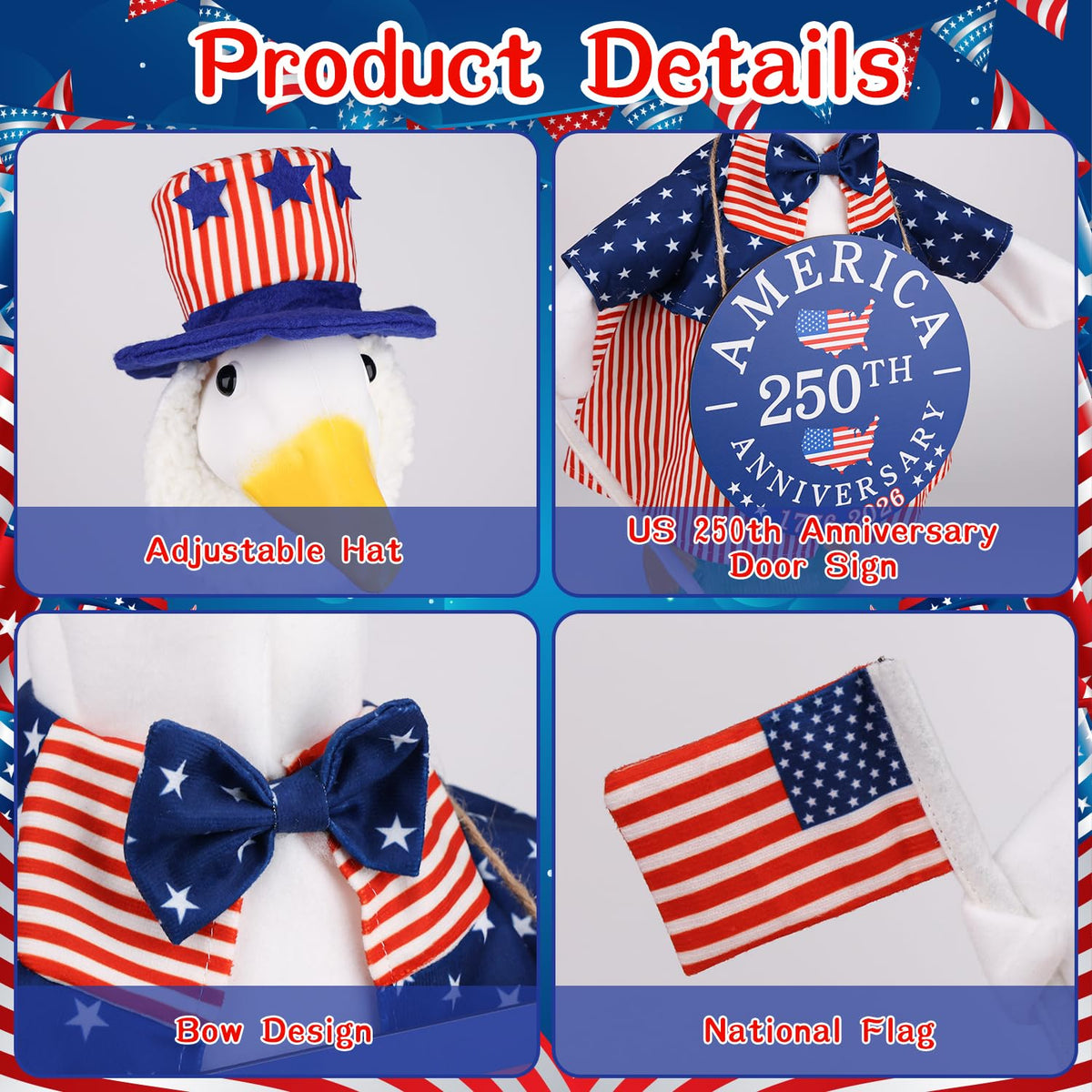 Aymolas vibrant red, white, blue design on goose outfit