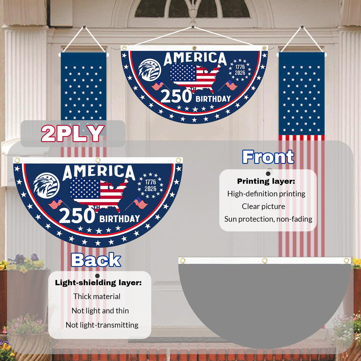 AYTHSRIC 250th Anniversary Flag brass buckles, easy hang for quick setup.
