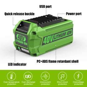AYTXTG Greenworks 40V charger showing LED gauge for monitoring.