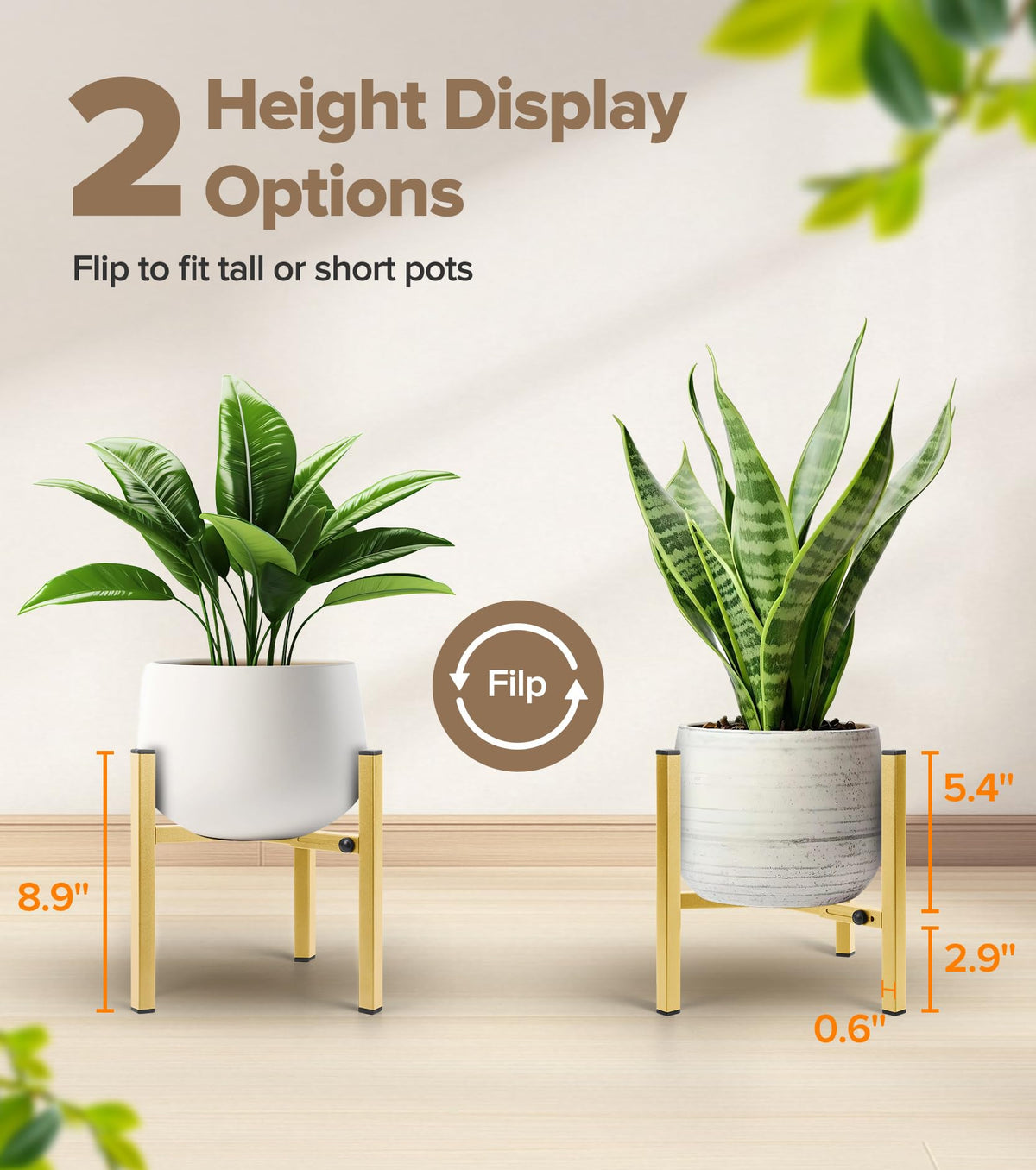AZADESJET two-height display stand demonstrates 5.4 and 2.9 inch lifts for layered plants