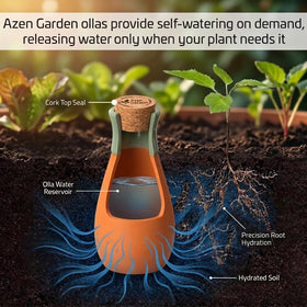 Azen Garden Ollas globes in soil, demonstrating buried design for steady moisture.