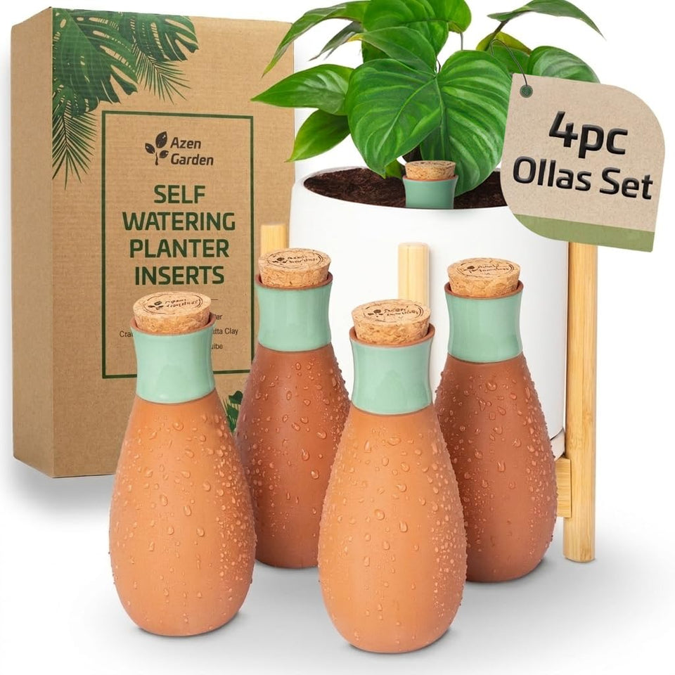Azen Garden Ollas globes terracotta close-up, showcasing natural texture for discreet watering.