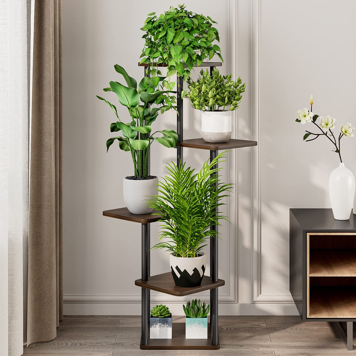 AZERPIAN corner plant display fits balcony space while maximizing light for plants.
