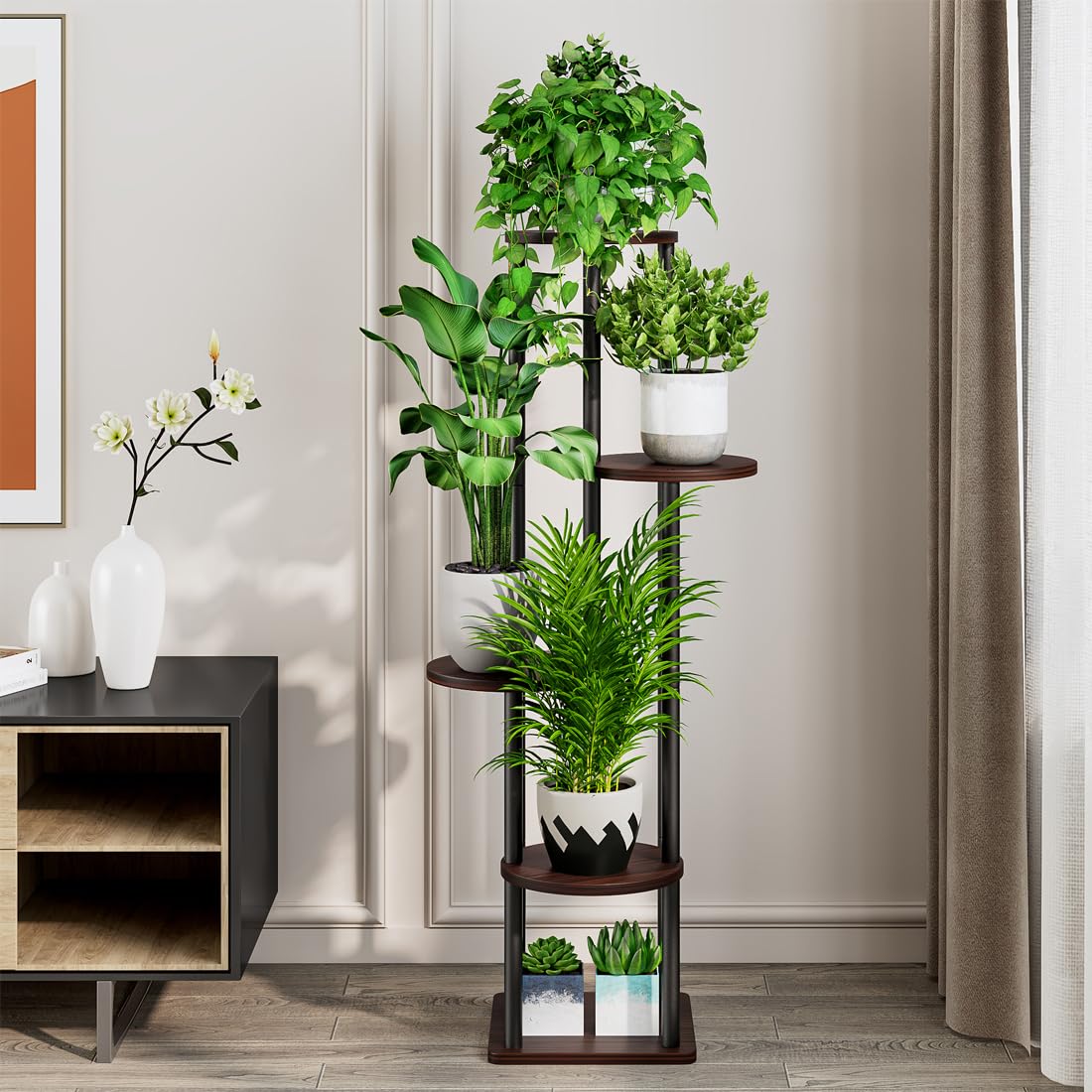 AZERPIAN indoor plant shelf in modern black oak for organized pots