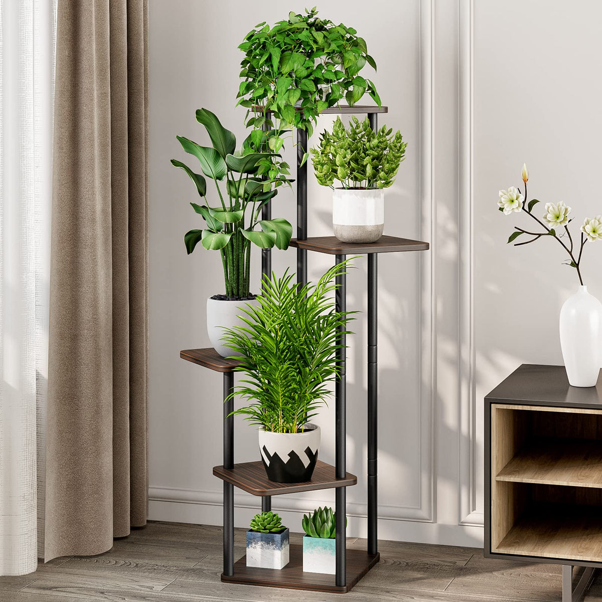 AZERPIAN indoor plant shelf with a 5-tier design for tall, stable display.