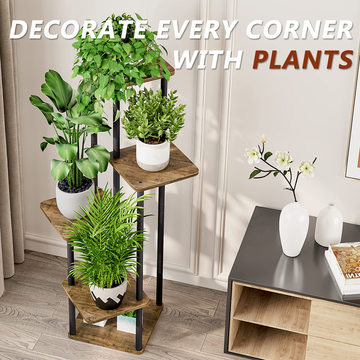 AZERPIAN 5-tier plant stand black finish, sturdy indoor plant display solution