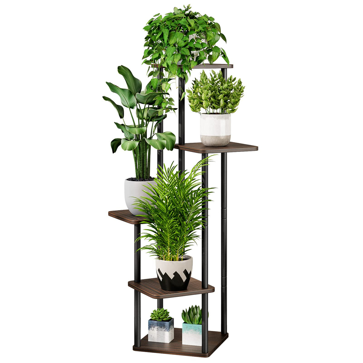 AZERPIAN 5-tier plant stand in black oak organizes multiple pots in a compact corner.