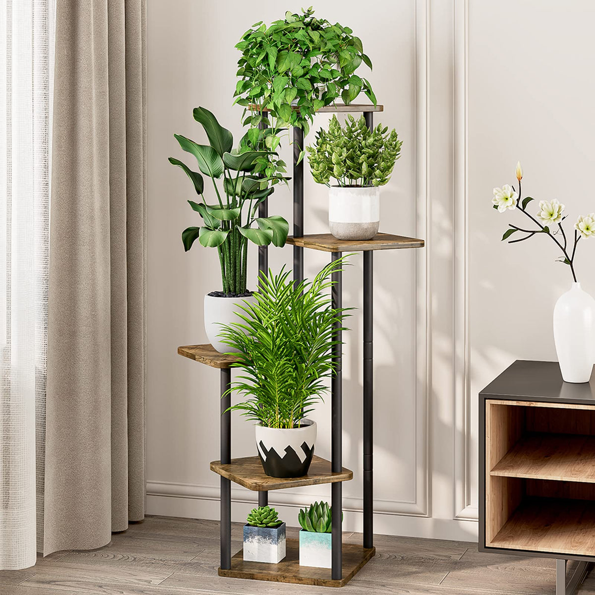 AZERPIAN 5-tier plant stand side view, stable corner unit for varied pot sizes