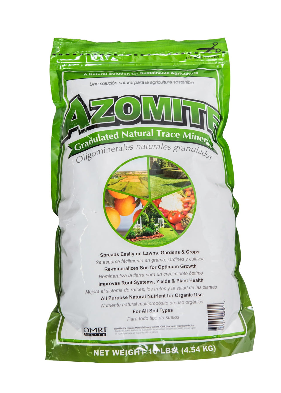 Azomite 10lb bag on soil showing mineral soil amendment for healthier growth